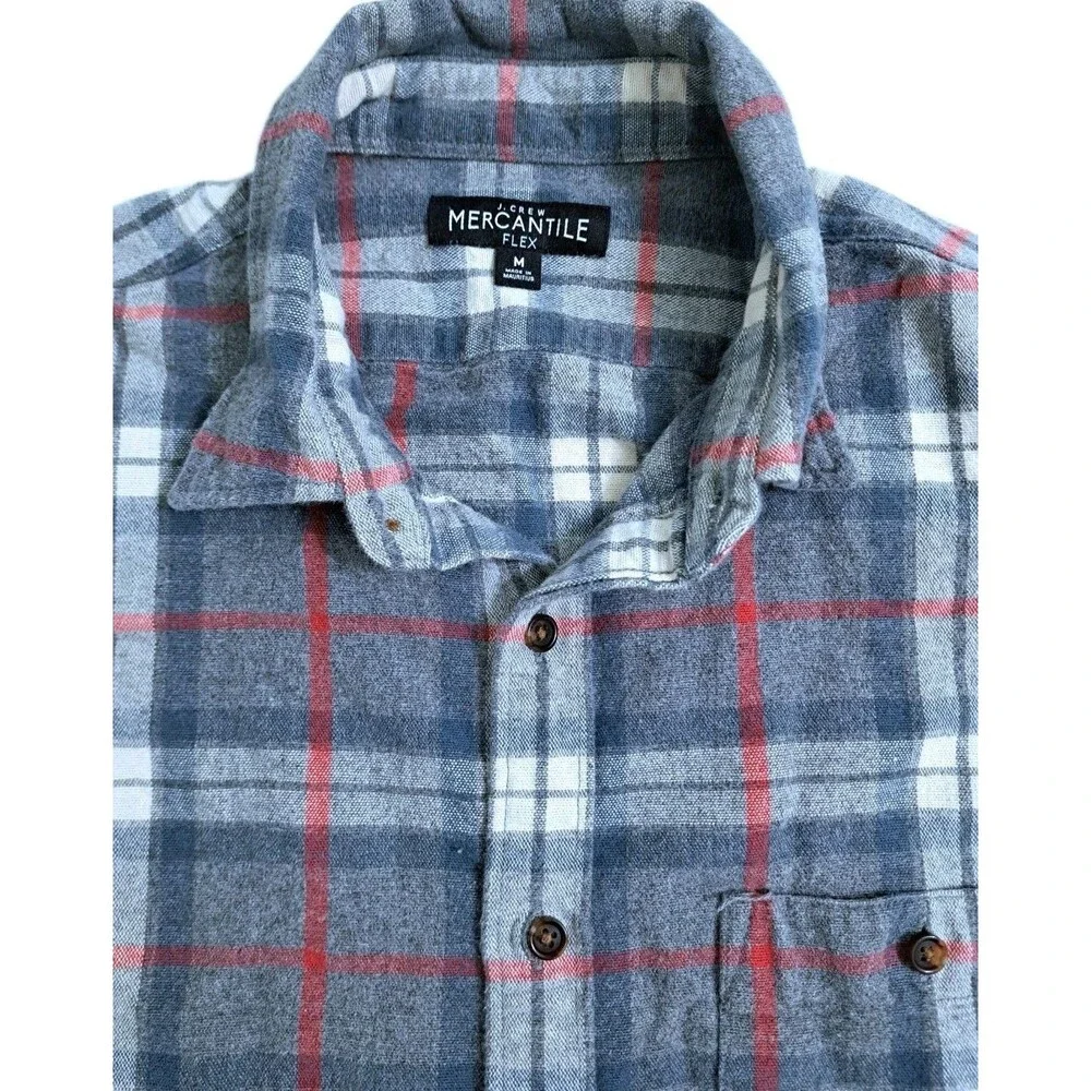 J Crew Men's Medium Flannel Mercantile Flex Shirt Gray Red Long Sleeve Button
